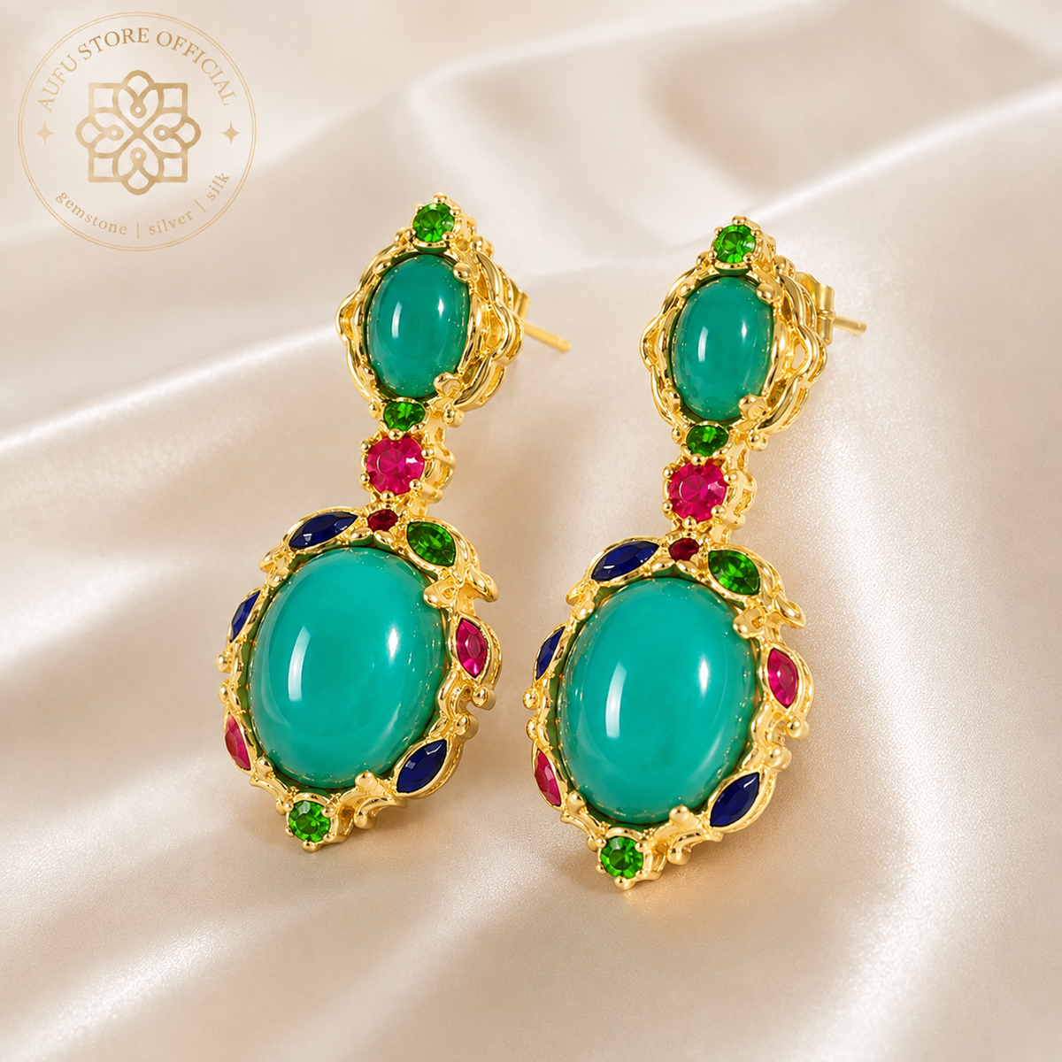 VERDANT MEADOW  Genuine Green Agate Multicolor Drop Earrings เวอร์แดนท์ เมโดว์ — ต่างหูพลอยแท้ โมราสีเขียว
