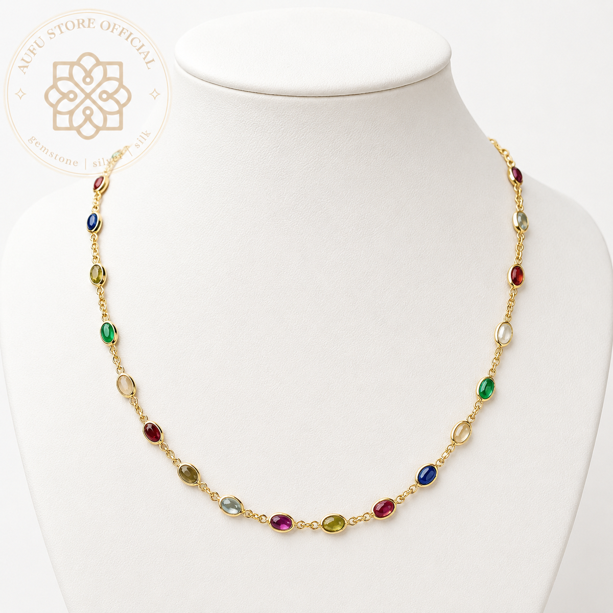 NAVARATNA LUMINA นวรัตน์ ลูมินา — Genuine Nine-Gem Necklace in 925 Sterling Silver with 24K Gold Plating สร้อยคอพลอยแท้ นพเก้า เงินแท้ 92.5% ชุบทองคำแท้ 24K