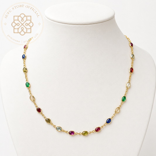 NAVARATNA LUMINA นวรัตน์ ลูมินา — Genuine Nine-Gem Necklace in 925 Sterling Silver with 24K Gold Plating สร้อยคอพลอยแท้ นพเก้า เงินแท้ 92.5% ชุบทองคำแท้ 24K