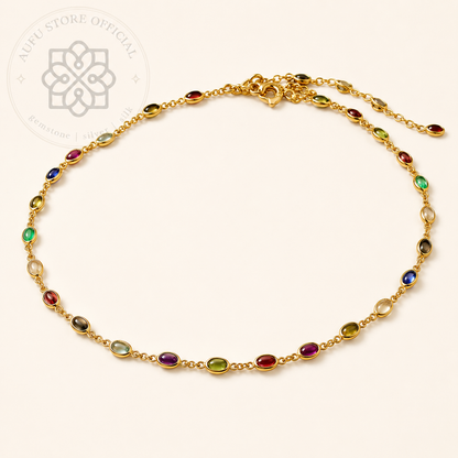 NAVARATNA LUMINA นวรัตน์ ลูมินา — Genuine Nine-Gem Necklace in 925 Sterling Silver with 24K Gold Plating สร้อยคอพลอยแท้ นพเก้า เงินแท้ 92.5% ชุบทองคำแท้ 24K