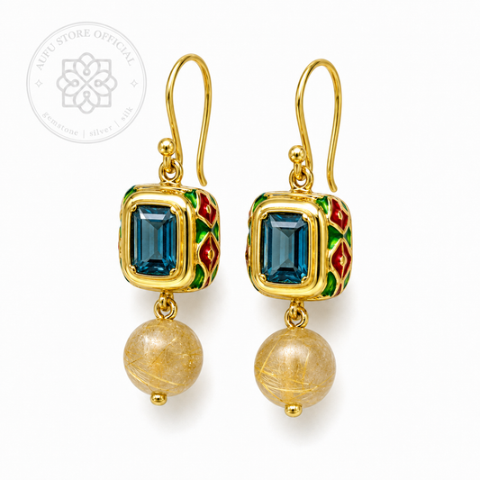 ต่างหูบลูโทพาสแท้ แบบห้อย ประดับพลอยโทนทอง Genuine Blue Topaz Drop Earrings with Golden-Tone Gemstone Drops