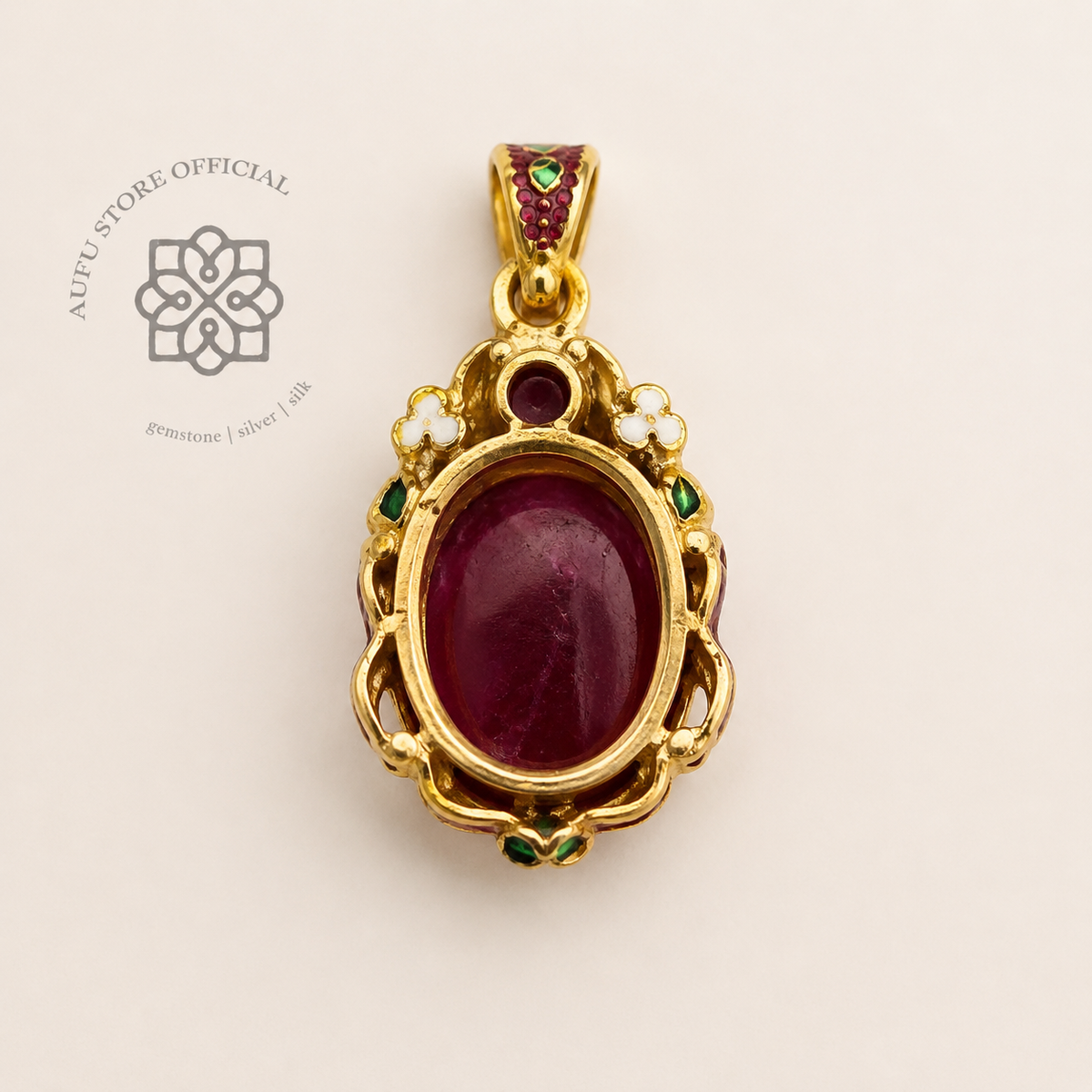 RUBINA CELESTE — Genuine Ruby Cabochon Ornamental Pendant รูบินา เซเลสเต จี้ทับทิมแท้หลังเบี้ย ดีไซน์ Ornamental