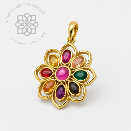NAVARATNA BLOOM — Nine-Color Gemstone Floral Pendant นวรัตนบุปผา  จี้พลอย 9 สี ดีไซน์ดอกไม้นพเก้า