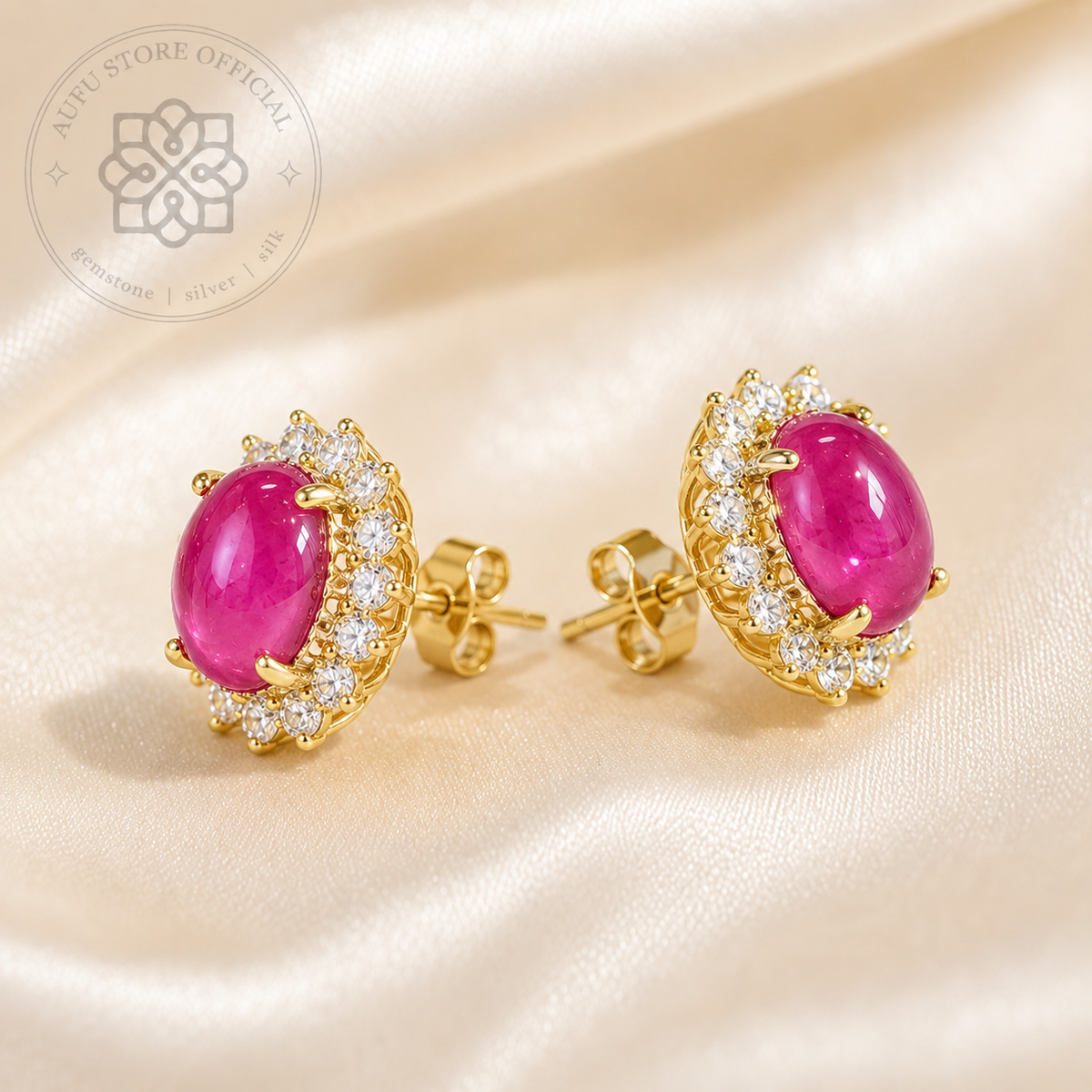 RUBY BLOSSOM CELESTE — Genuine Ruby Cabochon Halo Stud Earrings รูบี้ บลอสซัม เซเลสต์  ต่างหูทับทิมแท้ กิมบ่เซี่ยง