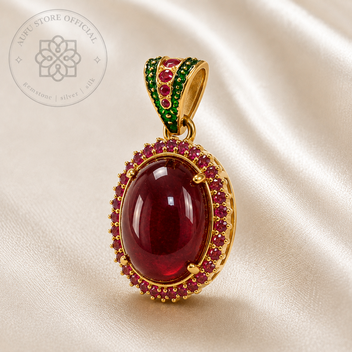 AURELIA CRIMSON ออเรเลีย คริมสัน — จี้ทับทิมสีแดงเข้มโทนเลือดนก ทรงรีล้อม Halo