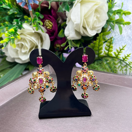 ต่างหูพลอยแท้หลากสีทรงระย้า ดีไซน์ดอกไม้วินเทจ | Genuine Multi-Gemstone Vintage Floral Drop Earrings