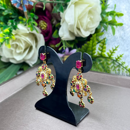 ต่างหูพลอยแท้หลากสีทรงระย้า ดีไซน์ดอกไม้วินเทจ | Genuine Multi-Gemstone Vintage Floral Drop Earrings
