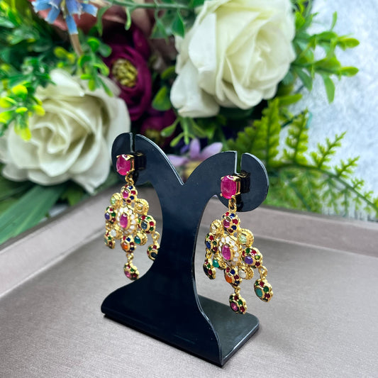 ต่างหูพลอยแท้หลากสีทรงระย้า ดีไซน์ดอกไม้วินเทจ | Genuine Multi-Gemstone Vintage Floral Drop Earrings
