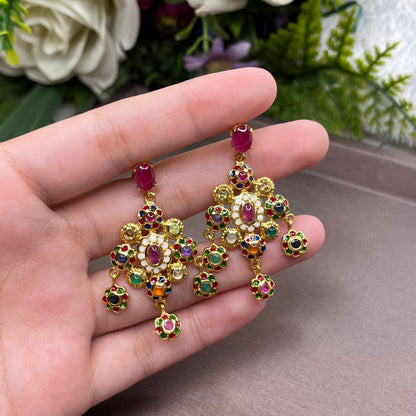 ต่างหูพลอยแท้หลากสีทรงระย้า ดีไซน์ดอกไม้วินเทจ | Genuine Multi-Gemstone Vintage Floral Drop Earrings