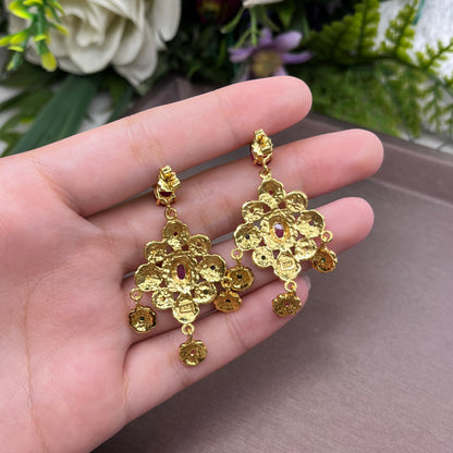 ต่างหูพลอยแท้หลากสีทรงระย้า ดีไซน์ดอกไม้วินเทจ | Genuine Multi-Gemstone Vintage Floral Drop Earrings