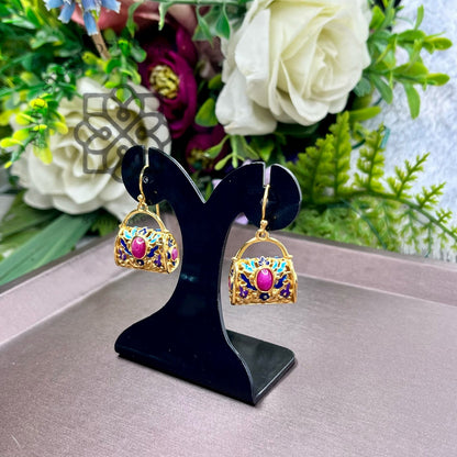 ต่างหูพลอยแท้สีชมพูดีไซน์กระเป๋าวินเทจ Genuine Pink Gemstone Handbag Drop Earrings