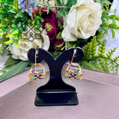 ต่างหูพลอยแท้สีชมพูดีไซน์กระเป๋าวินเทจ Genuine Pink Gemstone Handbag Drop Earrings