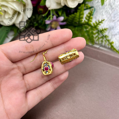 ต่างหูพลอยแท้สีชมพูดีไซน์กระเป๋าวินเทจ Genuine Pink Gemstone Handbag Drop Earrings