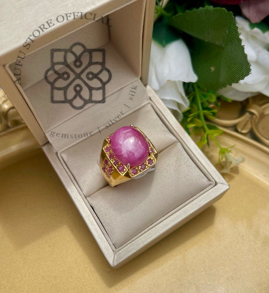 แหวนพลอยแท้สีชมพูทรงหลังเบี้ย ดีไซน์วินเทจ Genuine Pink Gemstone Cabochon Statement Ring