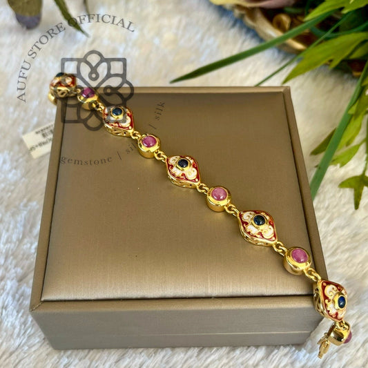สร้อยข้อมือพลอยแท้หลากสี ดีไซน์ลวดลายวินเทจ Genuine Multi-Gemstone Link Bracelet – Vintage Ornamental Design
