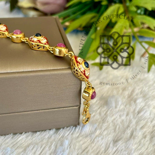 สร้อยข้อมือพลอยแท้หลากสี ดีไซน์ลวดลายวินเทจ Genuine Multi-Gemstone Link Bracelet – Vintage Ornamental Design