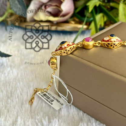 สร้อยข้อมือพลอยแท้หลากสี ดีไซน์ลวดลายวินเทจ Genuine Multi-Gemstone Link Bracelet – Vintage Ornamental Design