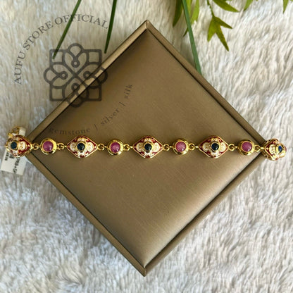 สร้อยข้อมือพลอยแท้หลากสี ดีไซน์ลวดลายวินเทจ Genuine Multi-Gemstone Link Bracelet – Vintage Ornamental Design