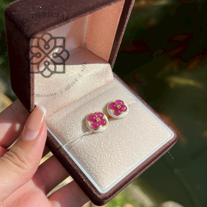 ต่างหูพลอยแท้สีชมพู ดีไซน์ดอกไม้ 4 กลีบ Genuine Pink Gemstone Floral Stud Earrings – Four-Petal Design