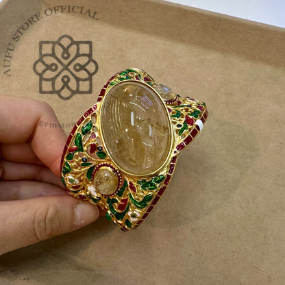 กำไลข้อมือไหมทองแท้ ดีไซน์พฤกษาลวดลายวิจิตร Genuine Golden Rutilated Quartz Statement Bracelet – Ornamental Botanical Design