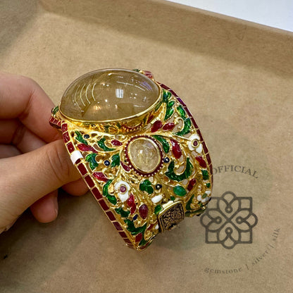 กำไลข้อมือไหมทองแท้ ดีไซน์พฤกษาลวดลายวิจิตร Genuine Golden Rutilated Quartz Statement Bracelet – Ornamental Botanical Design