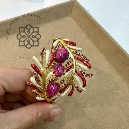 กำไลข้อมือทับทิมแท้ ดีไซน์กิ่งใบพฤกษาลวดลายวิจิตร Genuine Ruby Botanical Statement Bracelet – Floral Branch Design