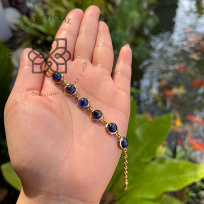 สร้อยข้อมือไพลินแท้ ไพลินสีน้ำเงินเรียงเม็ด ดีไซน์คลาสสิก Genuine Blue Sapphire Cabochon Link Bracelet – Elegant Adjustable Design