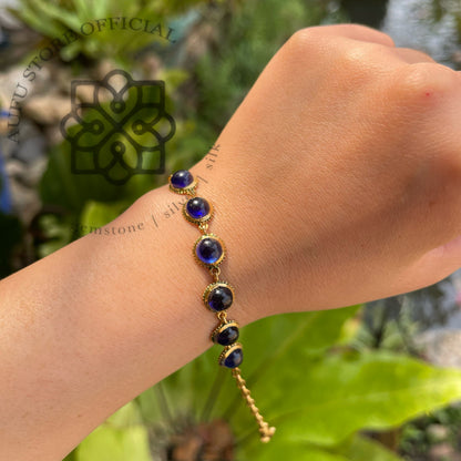 สร้อยข้อมือไพลินแท้ ไพลินสีน้ำเงินเรียงเม็ด ดีไซน์คลาสสิก Genuine Blue Sapphire Cabochon Link Bracelet – Elegant Adjustable Design