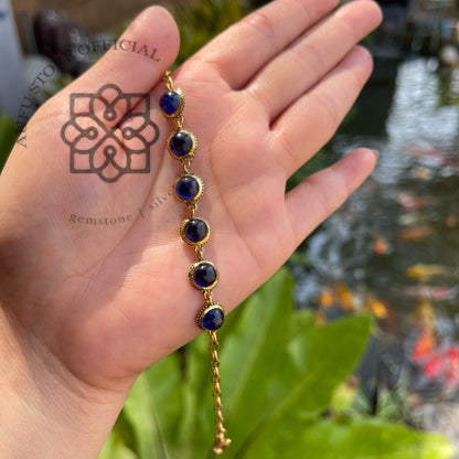 สร้อยข้อมือไพลินแท้ ไพลินสีน้ำเงินเรียงเม็ด ดีไซน์คลาสสิก Genuine Blue Sapphire Cabochon Link Bracelet – Elegant Adjustable Design