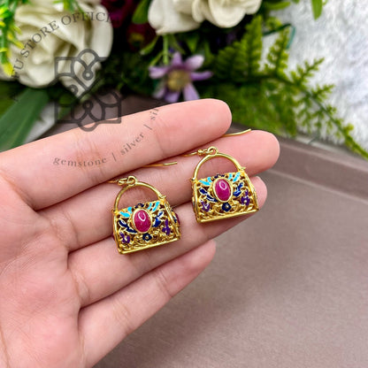 ต่างหูพลอยแท้สีชมพูดีไซน์กระเป๋าวินเทจ Genuine Pink Gemstone Handbag Drop Earrings