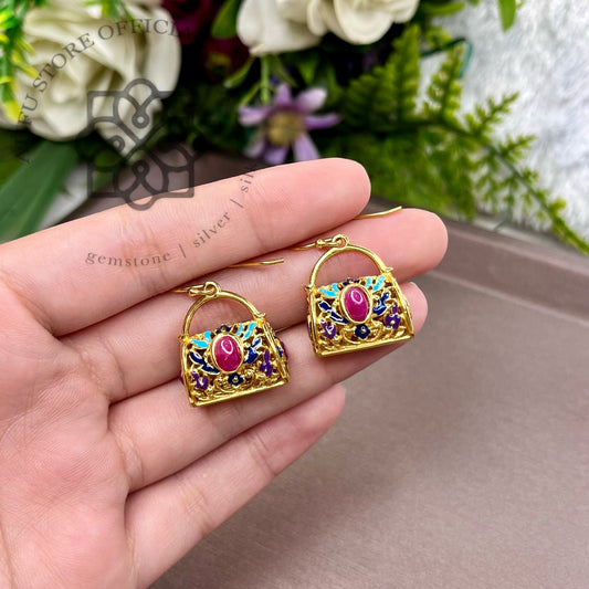 ต่างหูพลอยแท้สีชมพูดีไซน์กระเป๋าวินเทจ Genuine Pink Gemstone Handbag Drop Earrings