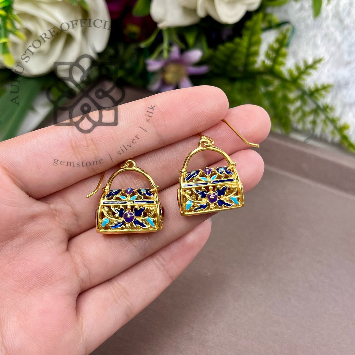 ต่างหูพลอยแท้สีชมพูดีไซน์กระเป๋าวินเทจ Genuine Pink Gemstone Handbag Drop Earrings