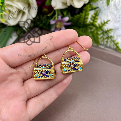ต่างหูพลอยแท้สีชมพูดีไซน์กระเป๋าวินเทจ Genuine Pink Gemstone Handbag Drop Earrings