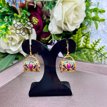 ต่างหูพลอยแท้สีชมพูดีไซน์กระเป๋าวินเทจ Genuine Pink Gemstone Handbag Drop Earrings