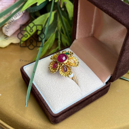Multi-Gemstone Floral Statement Ring แหวนพลอยแท้หลากสีดีไซน์ดอกไม้