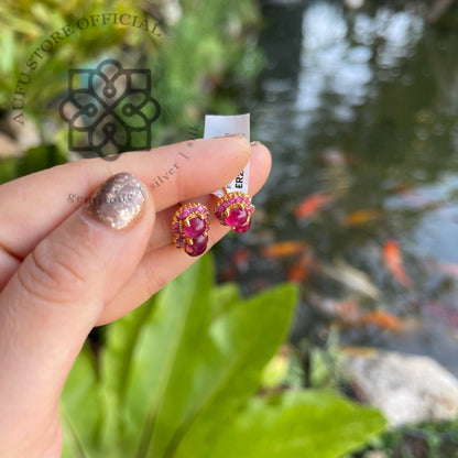 ต่างหูทับทิมแท้ดีไซน์คลัสเตอร์ ประดับทับทิมหลังเบี้ย Genuine Ruby Cluster Stud Earrings with Cabochon Stones
