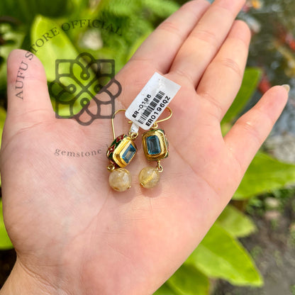 ต่างหูบลูโทพาสแท้ แบบห้อย ประดับพลอยโทนทอง Genuine Blue Topaz Drop Earrings with Golden-Tone Gemstone Drops