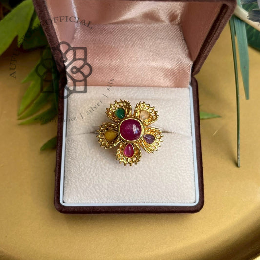 Multi-Gemstone Floral Statement Ring แหวนพลอยแท้หลากสีดีไซน์ดอกไม้