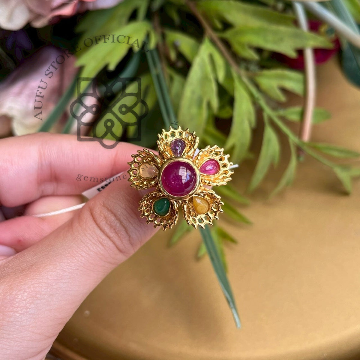 Multi-Gemstone Floral Statement Ring แหวนพลอยแท้หลากสีดีไซน์ดอกไม้