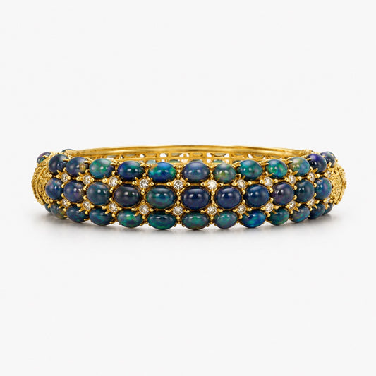 RATRI PRABHA — Genuine Black Opal Multi-Row Statement Cuff Bracelet กำไลข้อมือโอปอลดำแท้เรียงหลายแถว