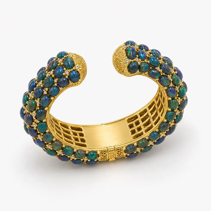 RATRI PRABHA — Genuine Black Opal Multi-Row Statement Cuff Bracelet กำไลข้อมือโอปอลดำแท้เรียงหลายแถว