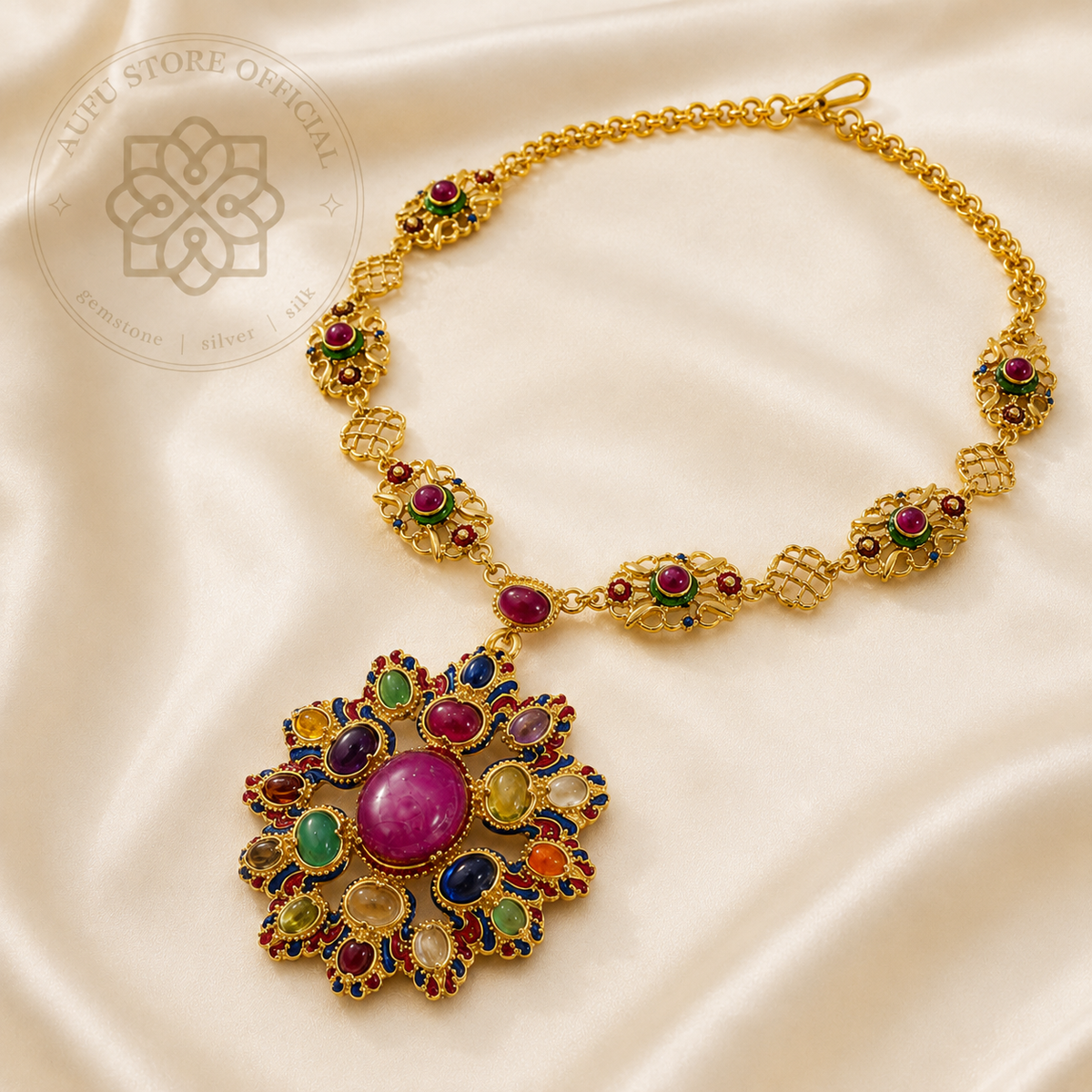 RATANARAJ NAVARATNA — Ruby &amp; Nine-Gem Heritage Statement Necklace RATANARAJ NAVARATNA รัตนราช นวรัตน์  สร้อยคอทับทิม นพเก้ารัตนชาติ