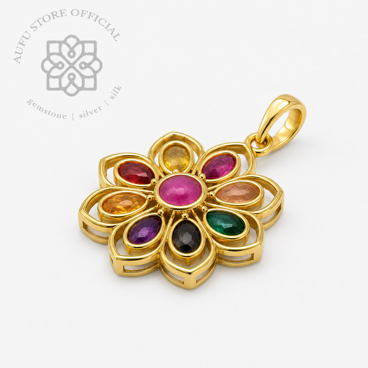 NAVARATNA BLOOM — Nine-Color Gemstone Floral Pendant นวรัตนบุปผา  จี้พลอย 9 สี ดีไซน์ดอกไม้นพเก้า