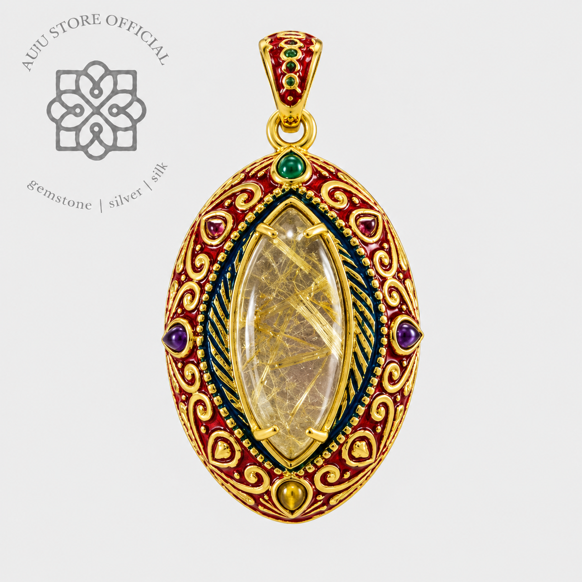 AURELIS THREAD — Golden Rutilated Quartz Ornamental Statement Pendant ออเรลิส เธรด จี้ไหมทอง ดีไซน์ Ornamental Statement
