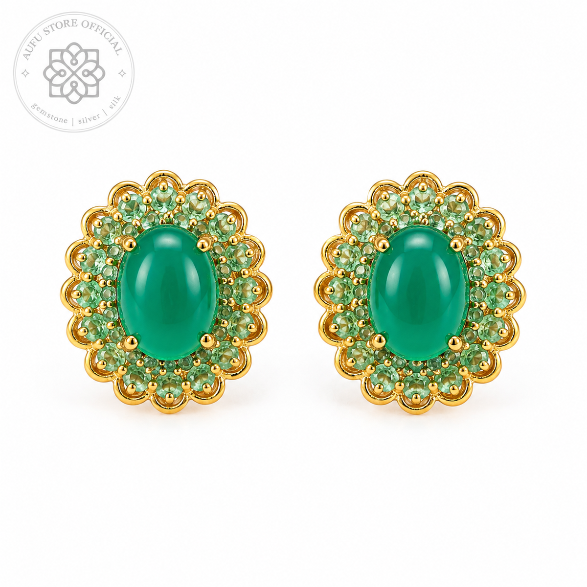 VANA AURELIA — Genuine Green Agate Floral Halo Stud Earrings วนา ออเรเลีย ต่างหูโมราเขียวแท้ดีไซน์ Floral Halo