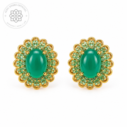 VANA AURELIA — Genuine Green Agate Floral Halo Stud Earrings วนา ออเรเลีย ต่างหูโมราเขียวแท้ดีไซน์ Floral Halo