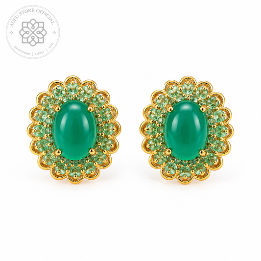 VANA AURELIA — Genuine Green Agate Floral Halo Stud Earrings วนา ออเรเลีย ต่างหูโมราเขียวแท้ดีไซน์ Floral Halo