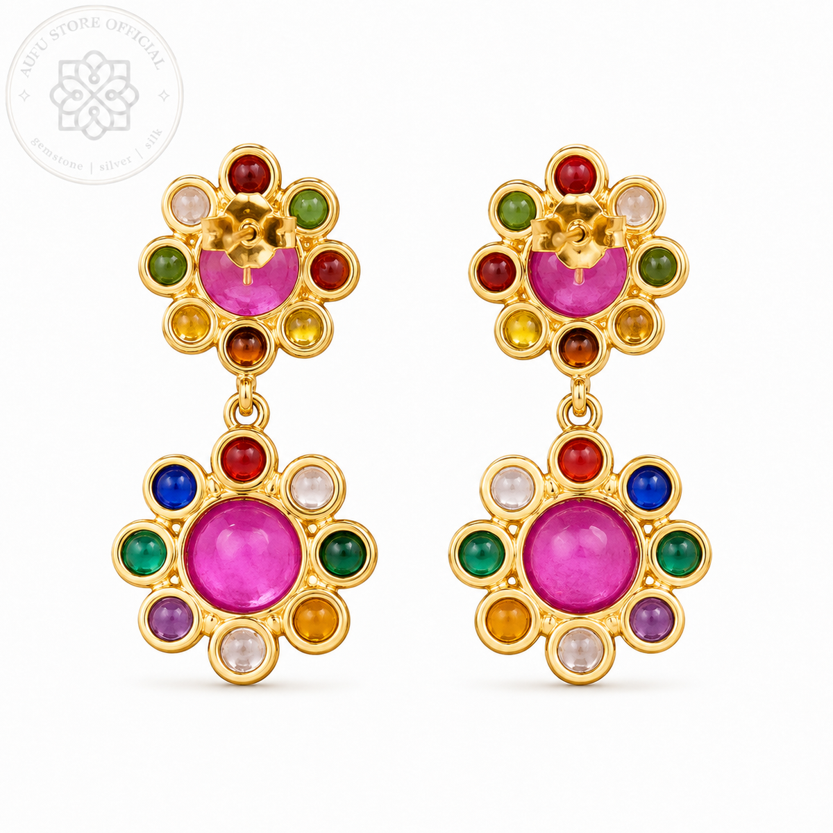 RATANA BLOOM — Colorful Multi-Gemstone Floral Drop Earrings รัตนบุปผา  ต่างหูพลอยหลากสีดีไซน์ดอกไม้