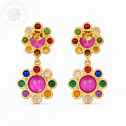 RATANA BLOOM — Colorful Multi-Gemstone Floral Drop Earrings รัตนบุปผา  ต่างหูพลอยหลากสีดีไซน์ดอกไม้