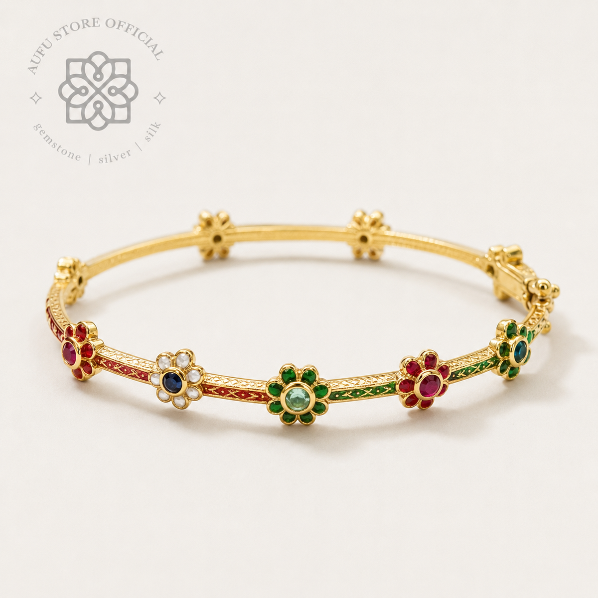 RATANA BLOSSOM — Ornamental Floral Gemstone Bangle Bracelet รัตนบุปผา  กำไลข้อมือลายดอกไม้ประดับพลอย